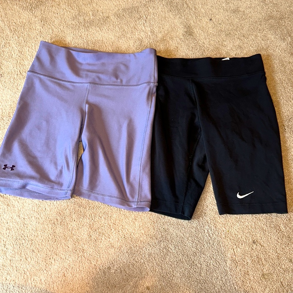 Women biker shorts, two pairs under armor and Nike.  Size SM